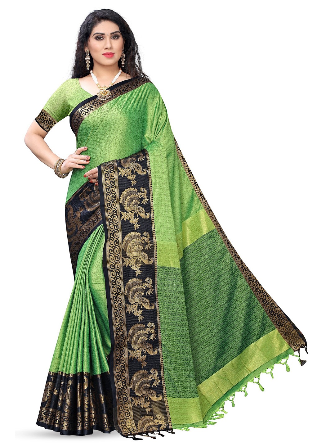 

KALINI Woven Design Zari Silk Cotton Kanjeevaram Saree, Green