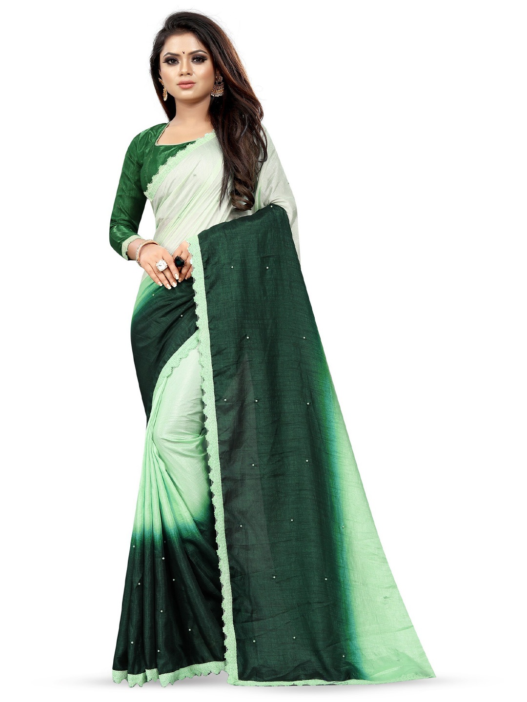 

KALINI Ombre Beads and Stones Saree, Green
