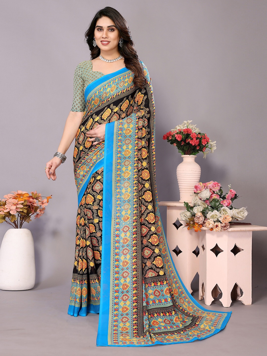 

KALINI Ethnic Motifs Silk Cotton Kanjeevaram Saree, Teal