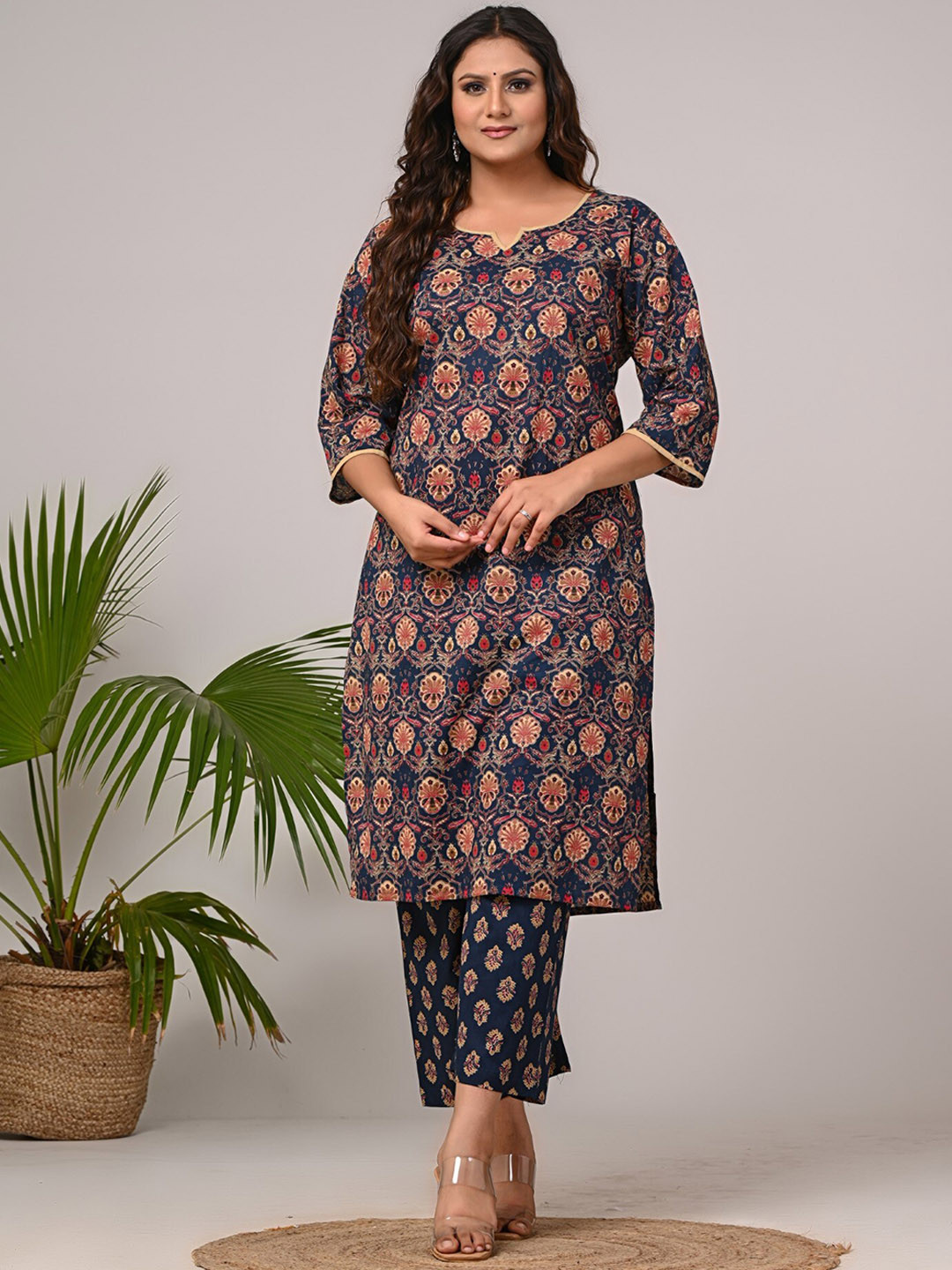 

Swasti Women Floral Printed Regular Sequinned Pure Cotton Kurta with Trousers & With Dupatta, Navy blue