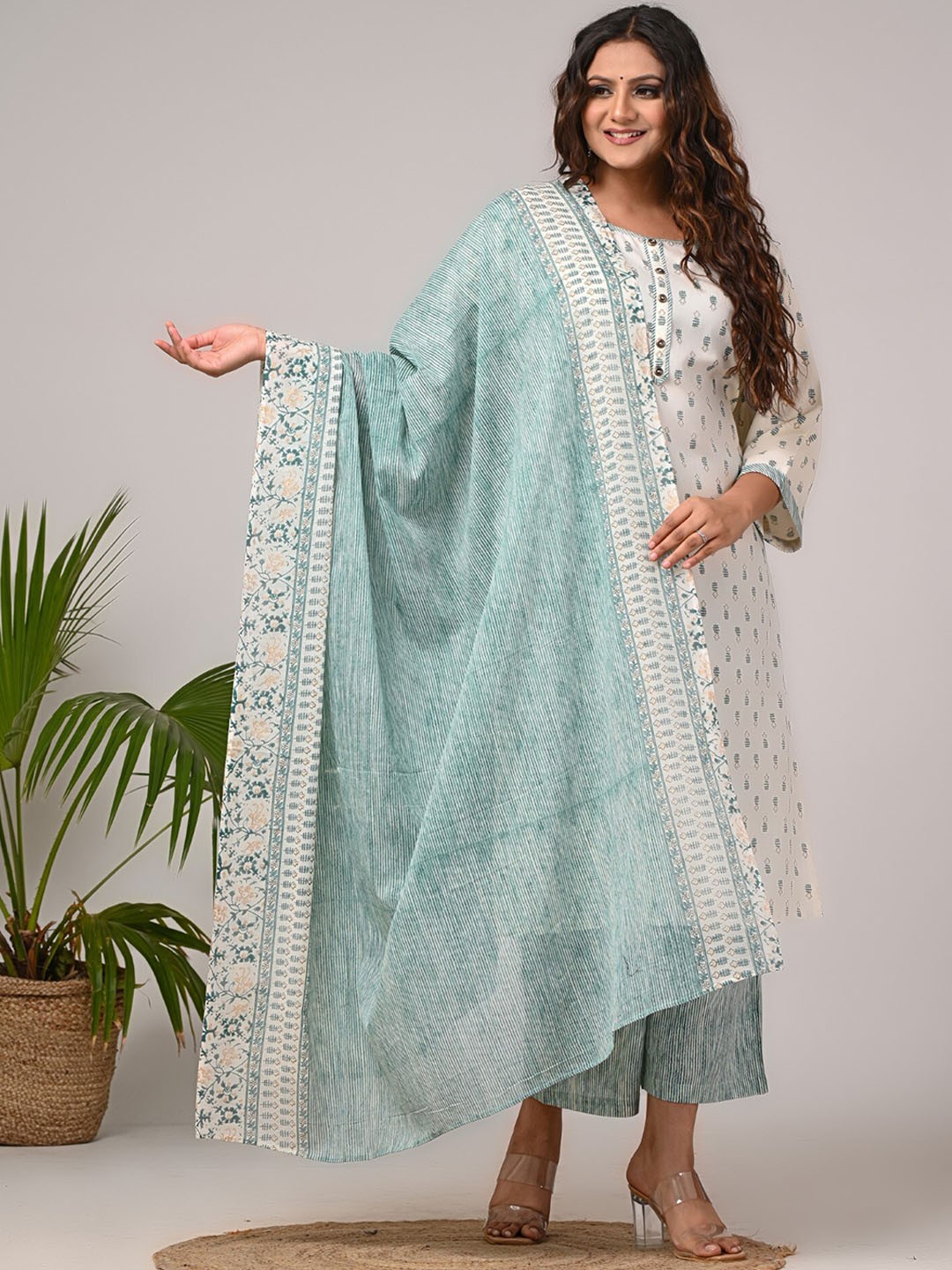

Swasti Women Floral Printed Regular Sequinned Pure Cotton Kurta with Trousers & With Dupatta, White