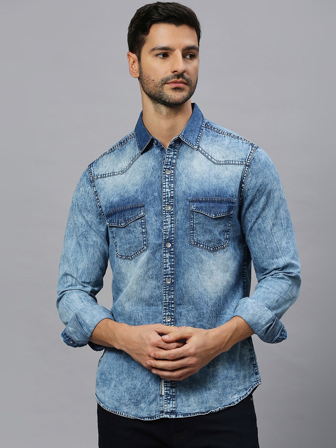 

VALEN CLUB Men Slim Fit Faded Opaque Faded Casual Shirt, Blue