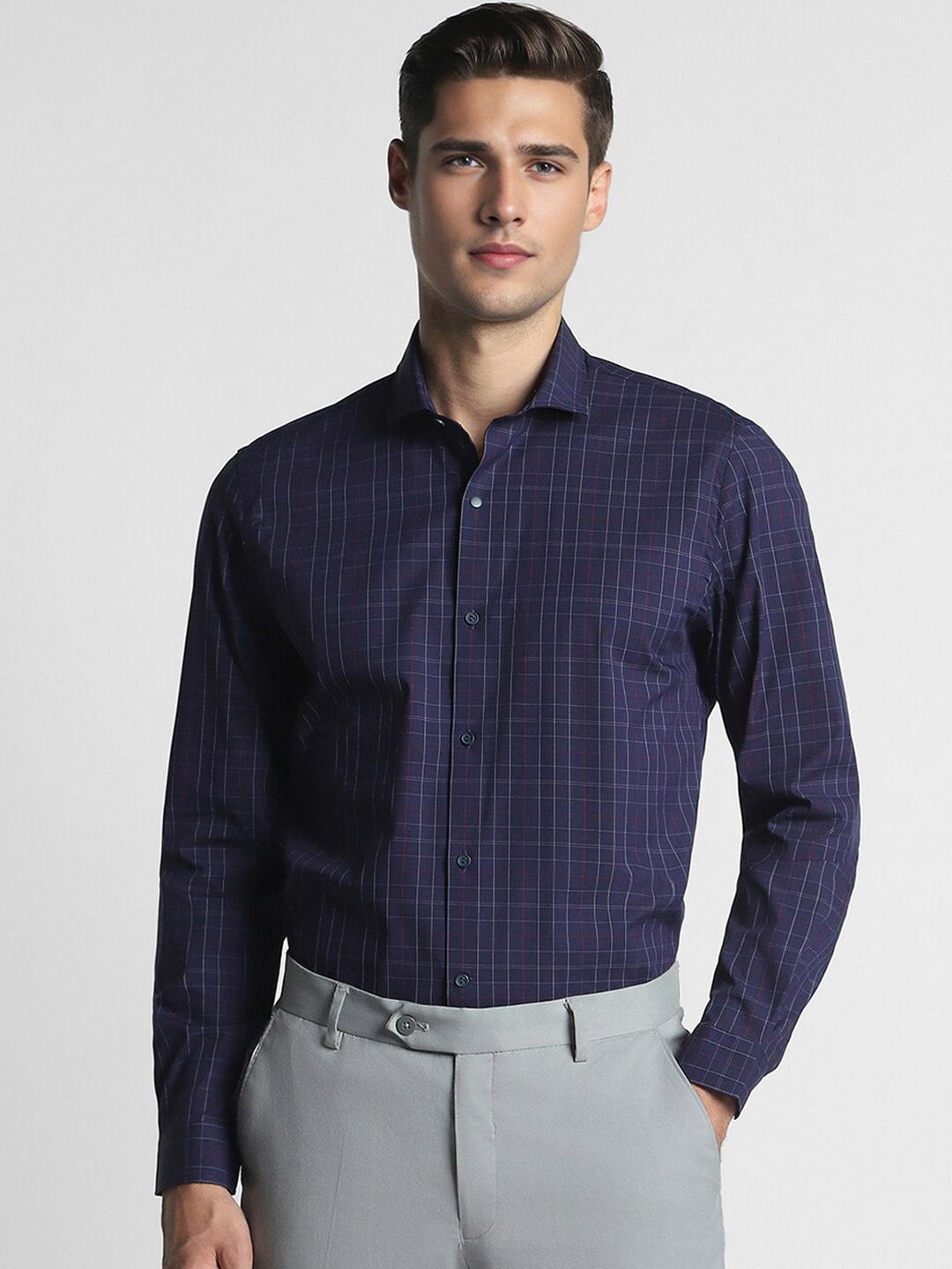 

Peter England Men Slim Fit Opaque Checked Formal Shirt, Navy blue