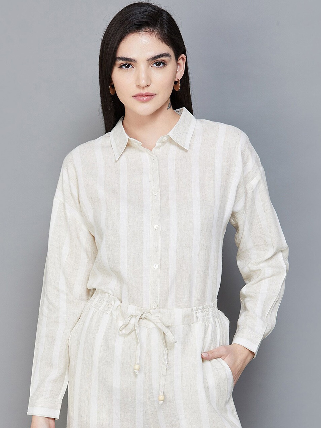 

CODE by Lifestyle Striped Shirt Style Top, Beige