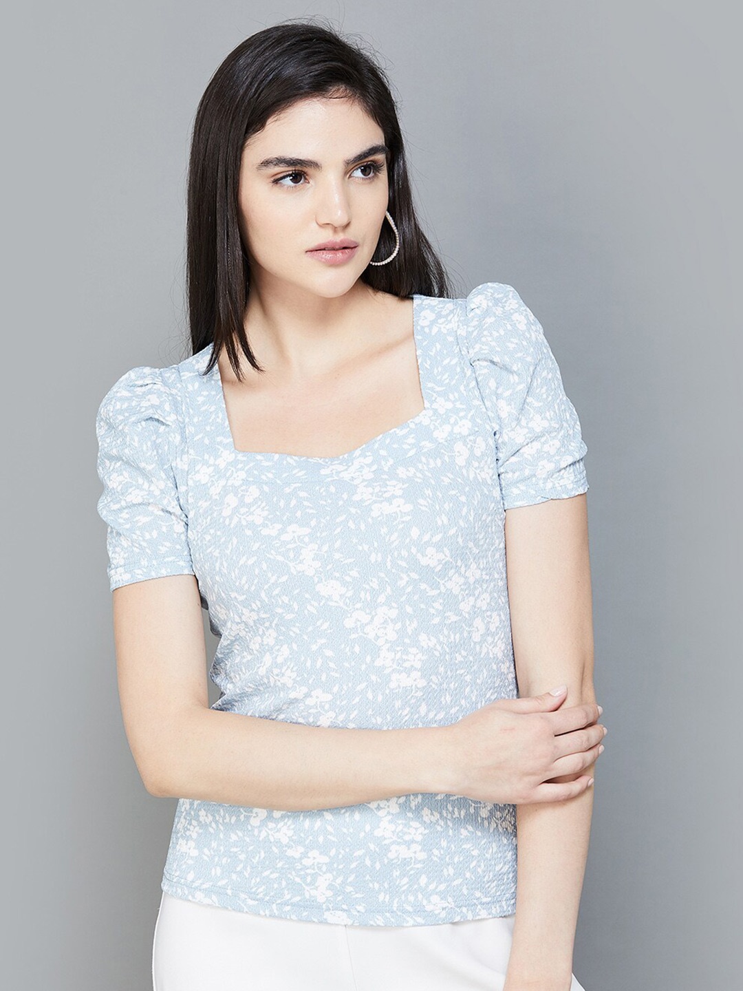

CODE by Lifestyle Puff Sleeve Self Design Top, Blue