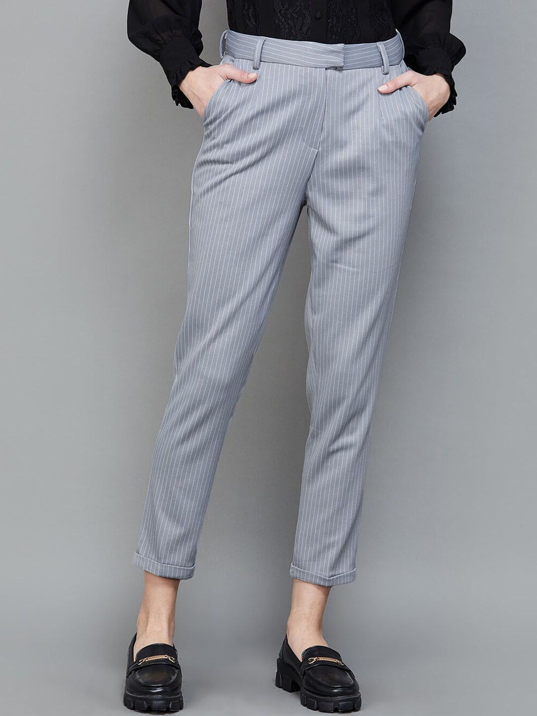 

CODE by Lifestyle Women Striped Formal Trousers, Grey