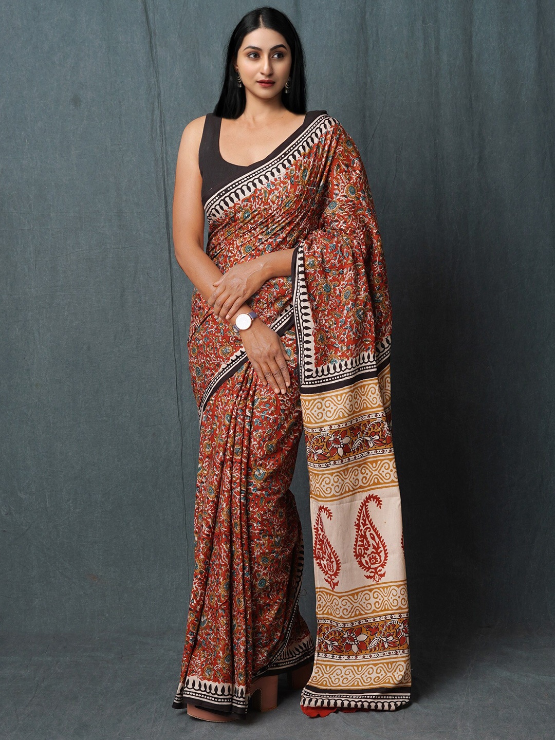 

Unnati Silks Kalamkari Pure Cotton Handloom Chanderi Saree, Red