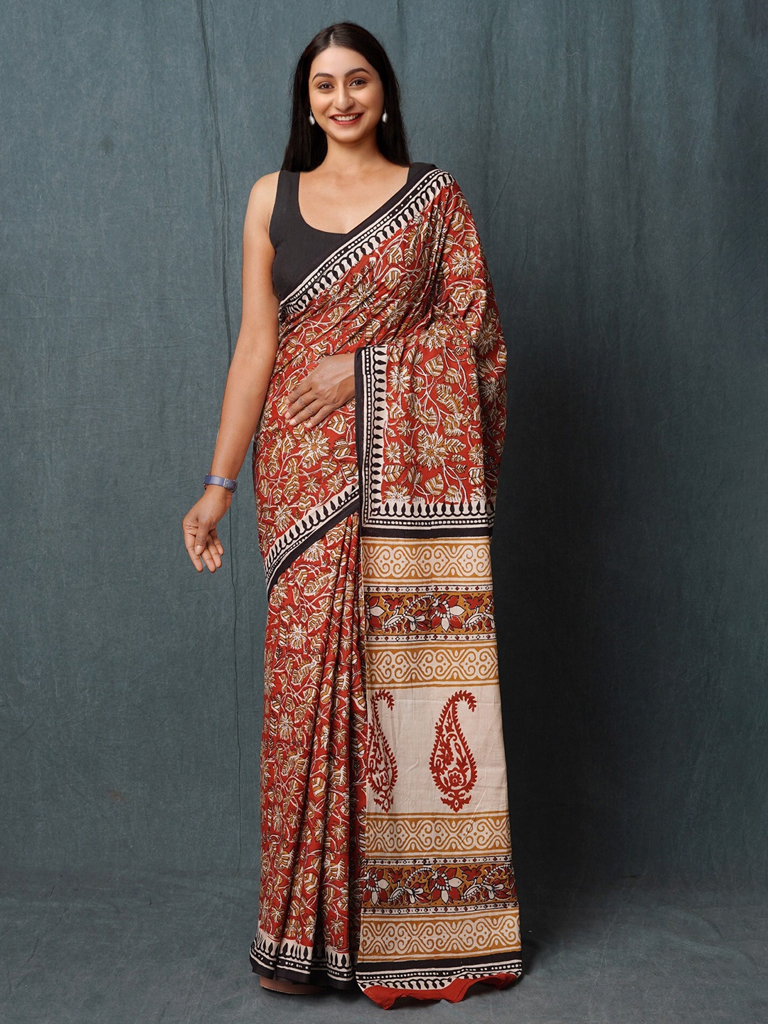 

Unnati Silks Kalamkari Pure Cotton Handloom Chanderi Saree, Red