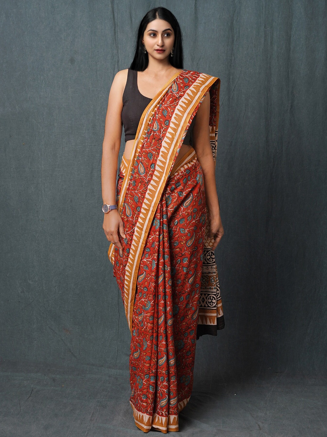 

Unnati Silks Kalamkari Pure Cotton Handloom Chanderi Saree, Red