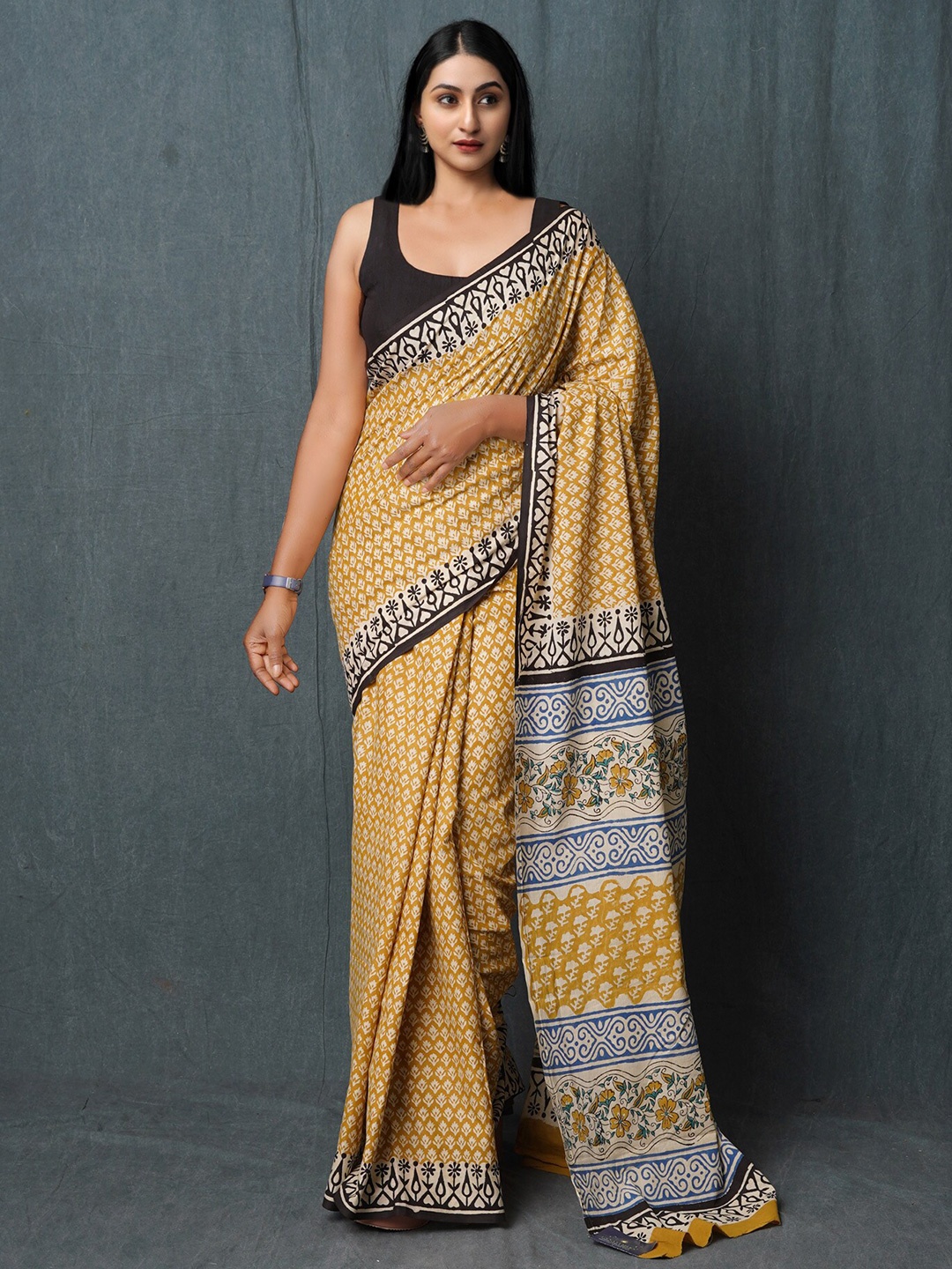 

Unnati Silks Ethnic Motifs Pure Cotton Handloom Bagru Saree, Yellow