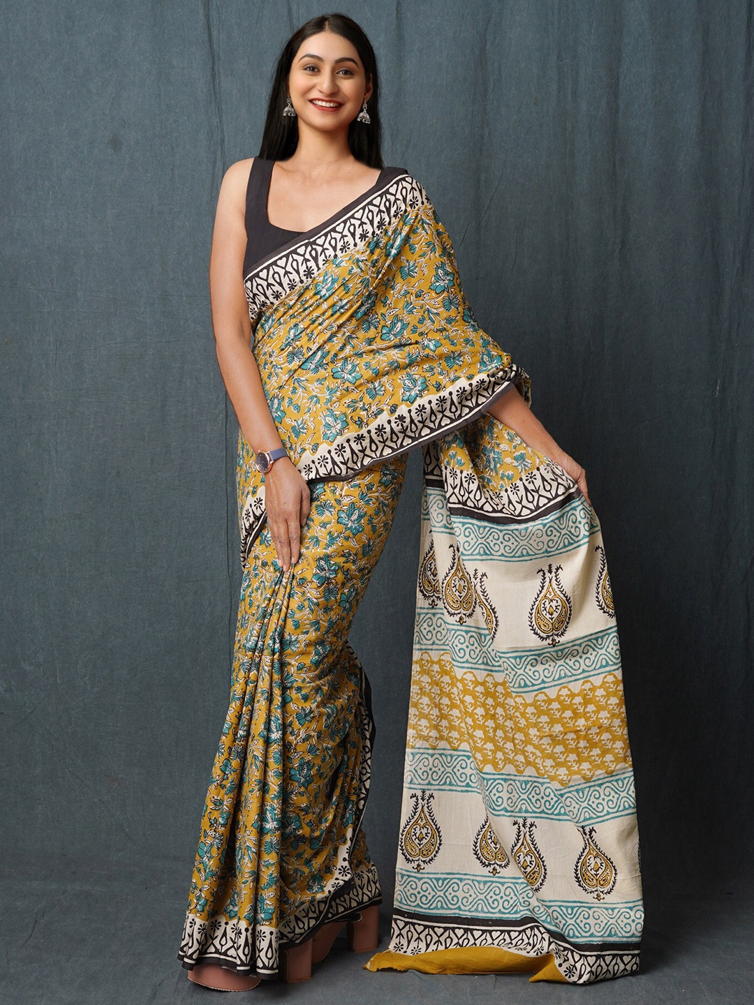 

Unnati Silks Kalamkari Pure Cotton Handloom Chanderi Saree, Yellow