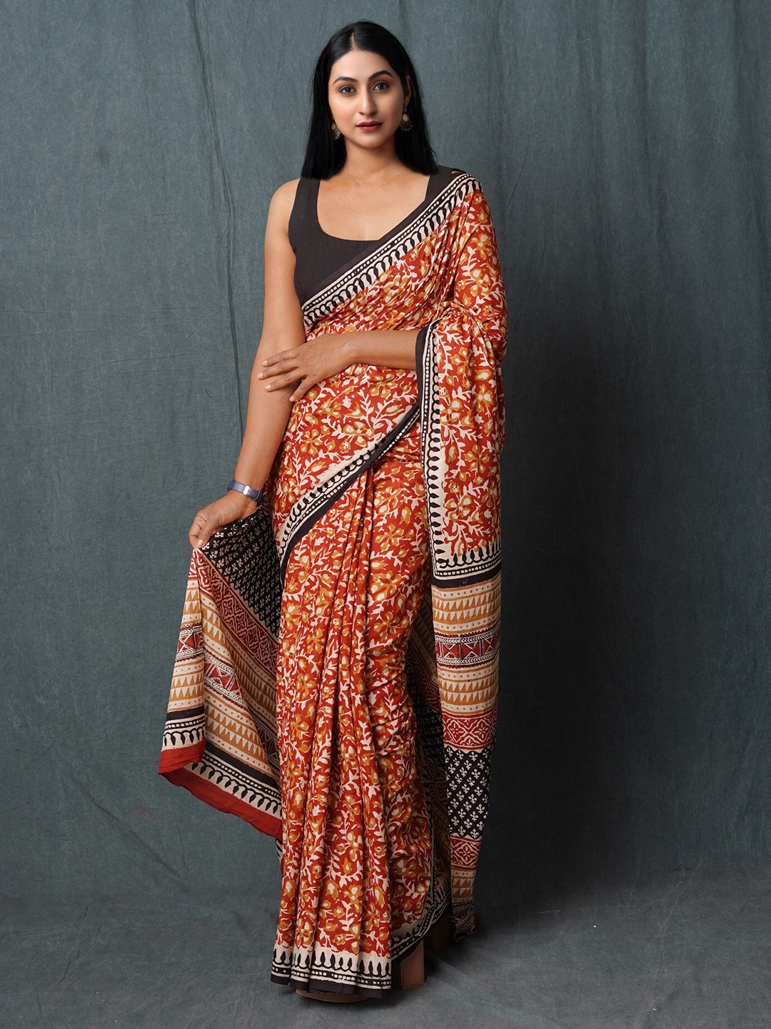 

Unnati Silks Kalamkari Pure Cotton Handloom Chanderi Saree, Red