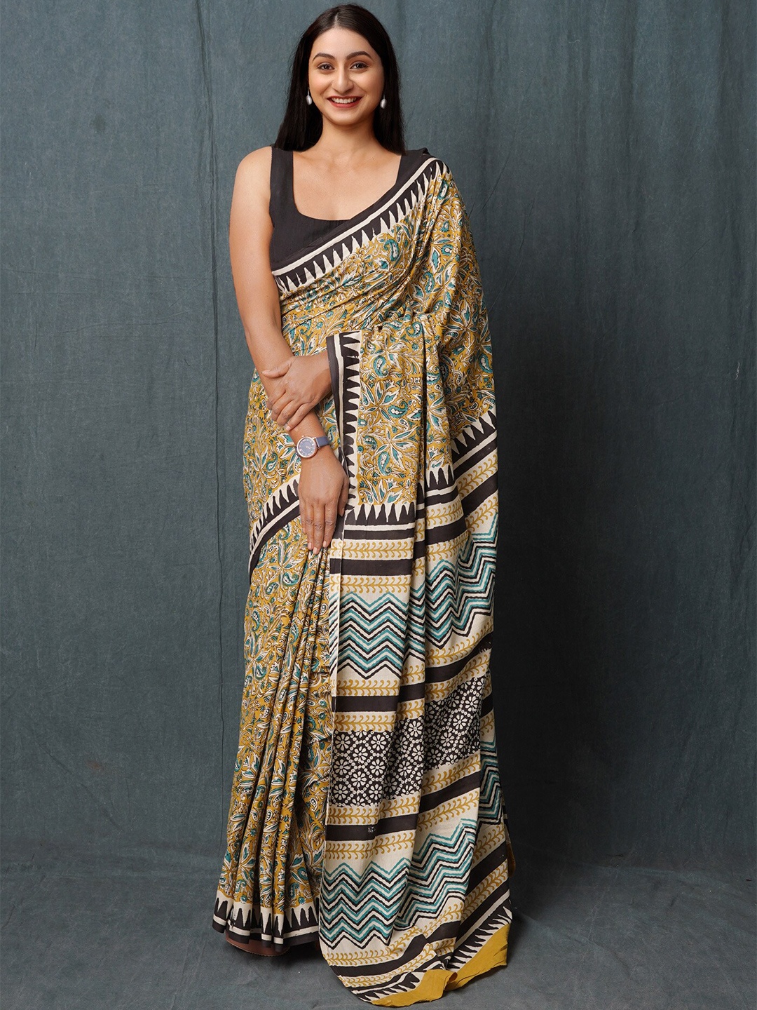 

Unnati Silks Kalamkari Pure Cotton Handloom Chanderi Saree, Yellow