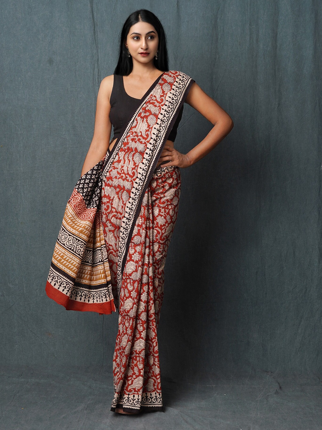 

Unnati Silks Kalamkari Pure Cotton Handloom Chanderi Saree, Red