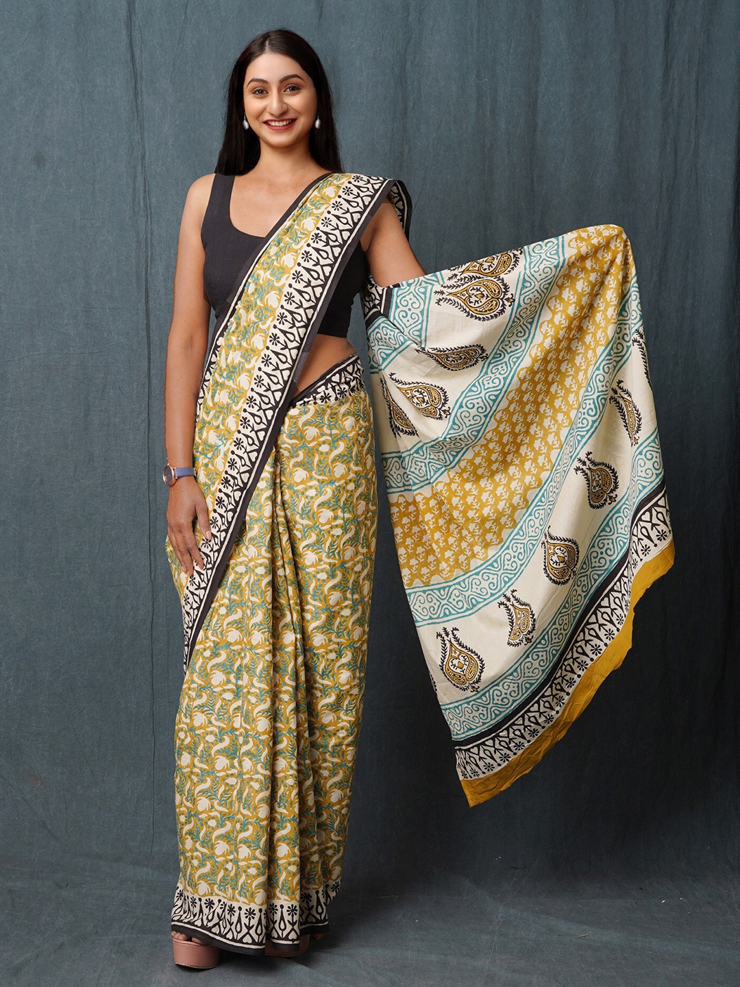 

Unnati Silks Kalamkari Pure Cotton Handloom Chanderi Saree, Yellow
