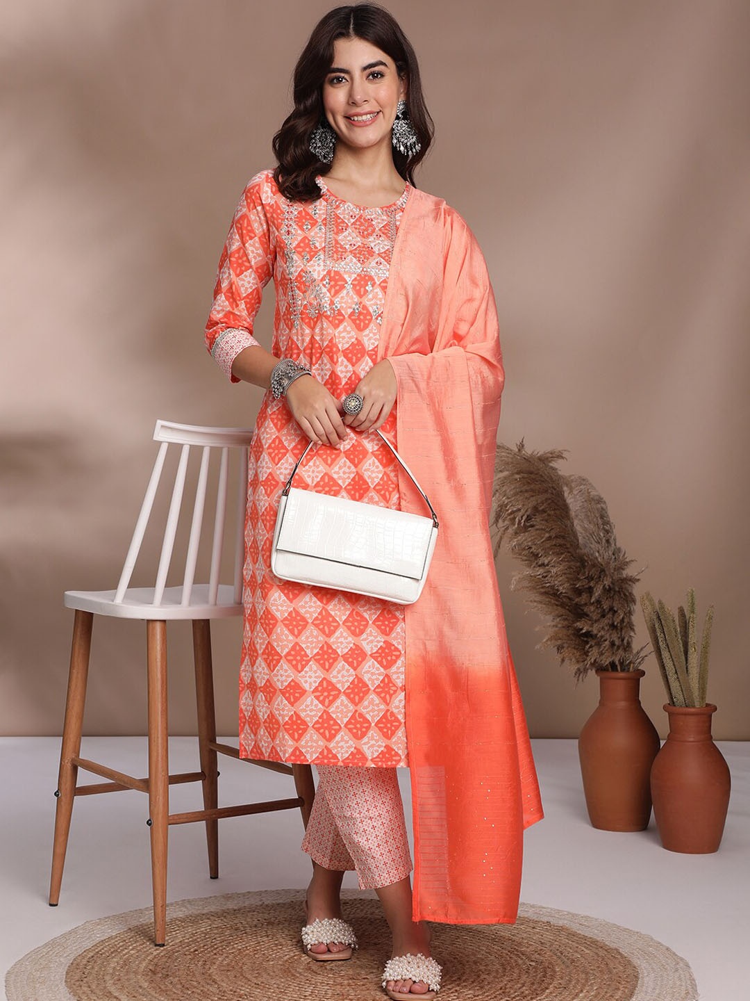 

Anouk Women Printed Regular Pure Cotton Kurta with Trousers & With Dupatta, Orange