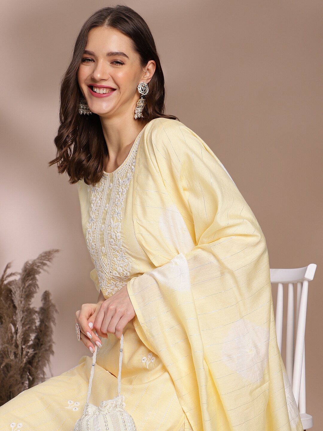 

Anouk Women Floral Embroidered Regular Thread Work Kurta with Trousers & With Dupatta, Yellow