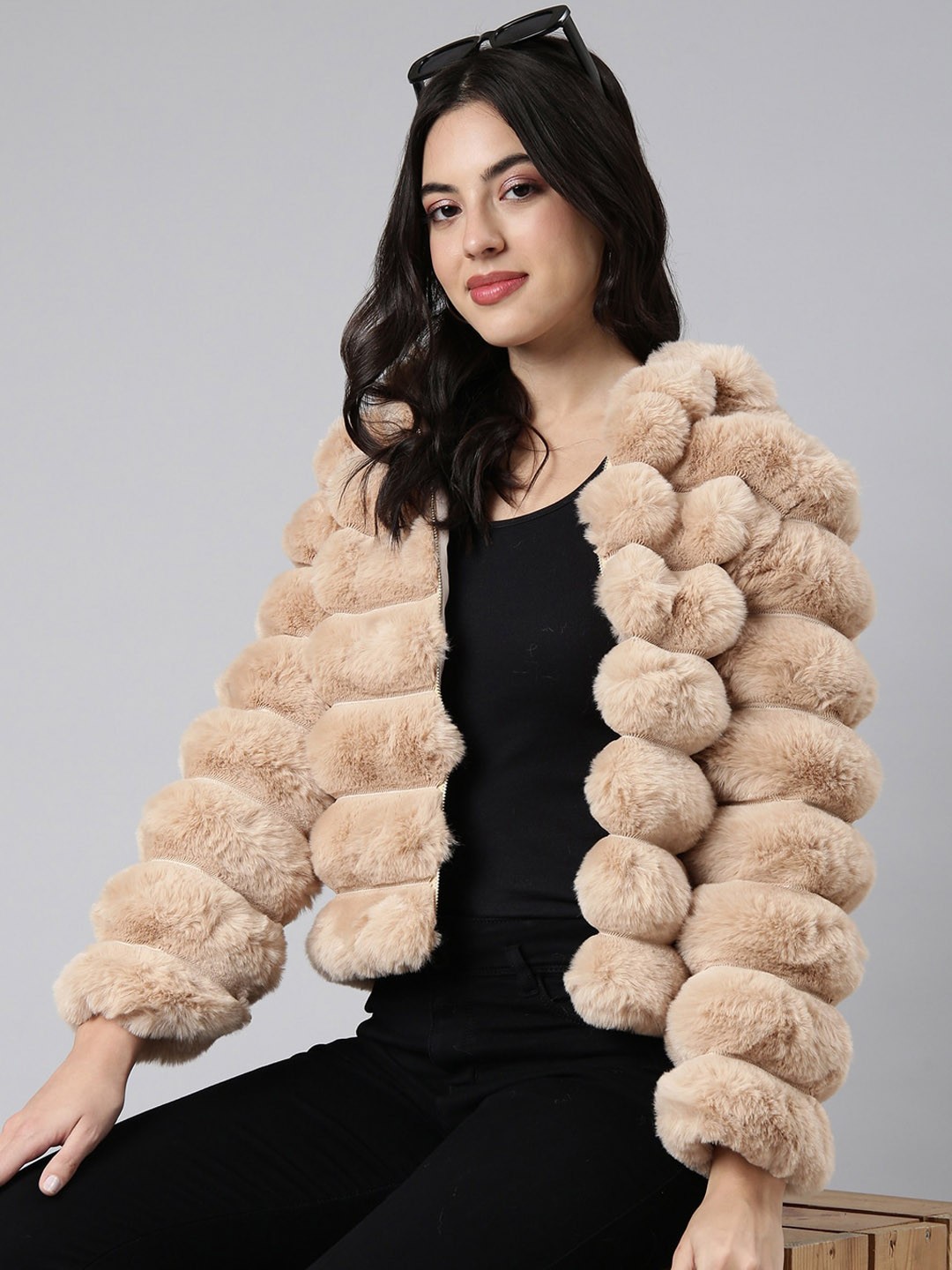 

SHOWOFF Self Design Hooded Windcheater Longline Padded Jacket, Beige