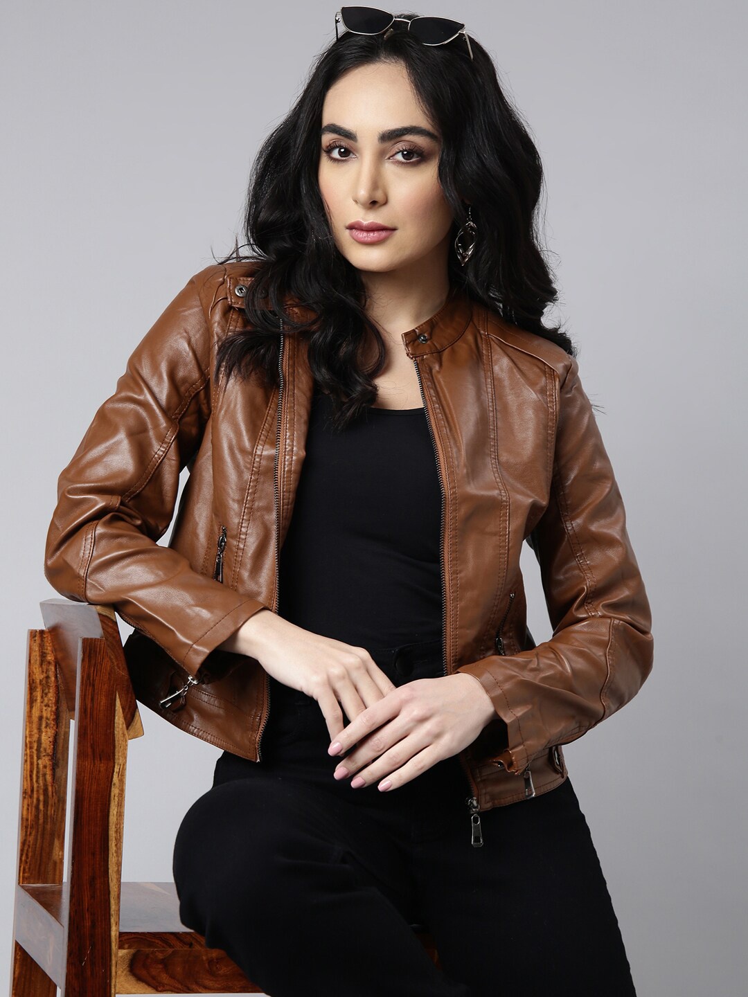 

SHOWOFF Mandarin Collar Windcheater Crop Biker Jacket, Brown