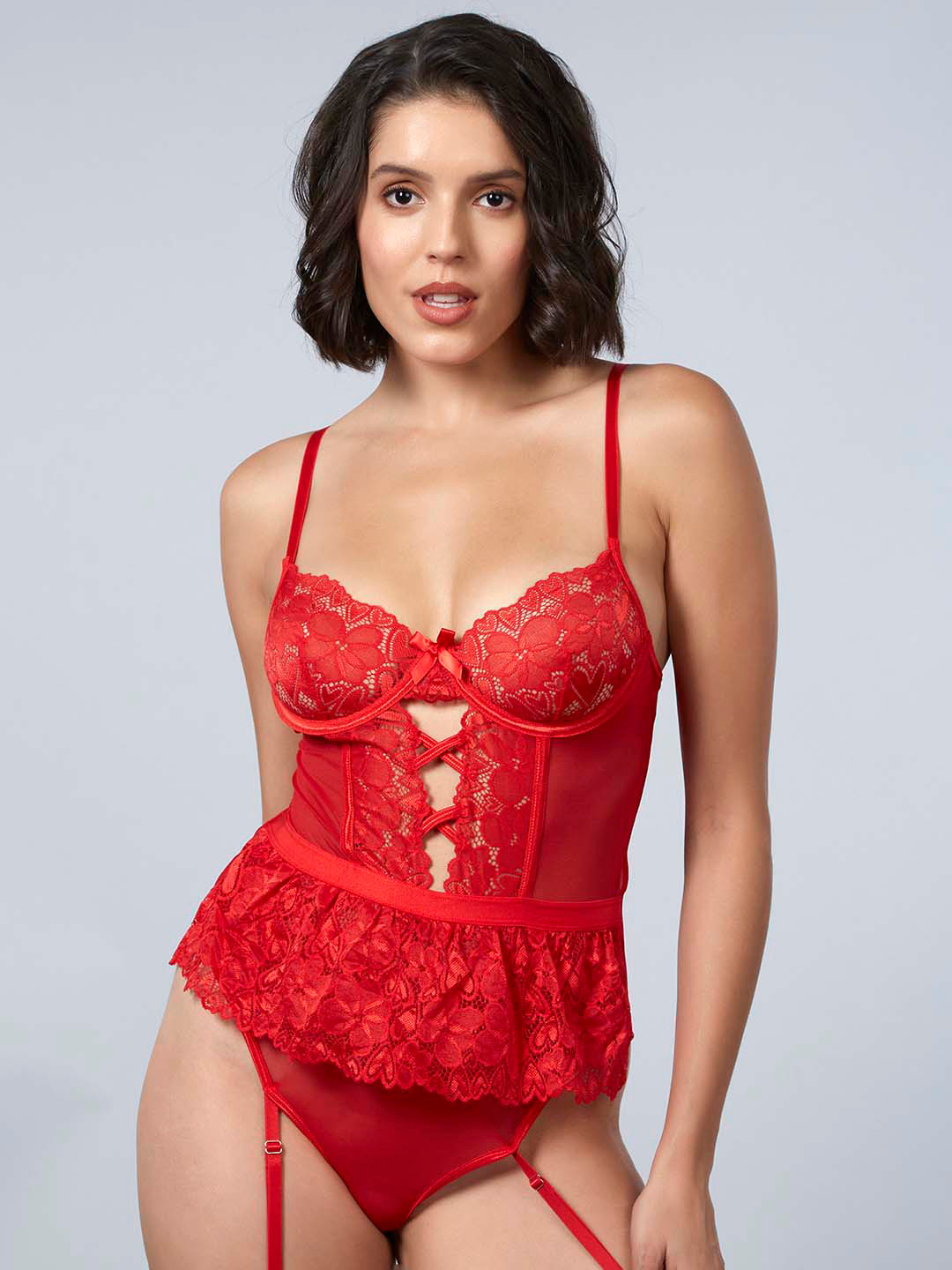 

Elecurve Self Design Shoulder Straps Lingerie Set, Red