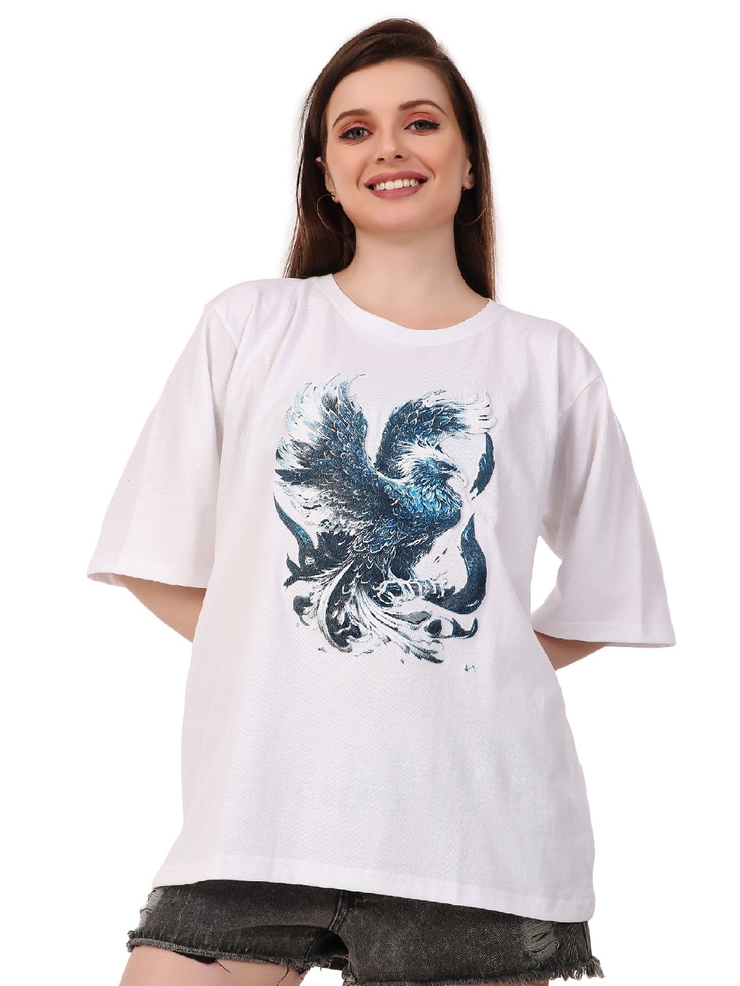 

TRENDY RABBIT Graphic Printed Drop Shoulder Sleeves Cotton Oversized T-shirt, White
