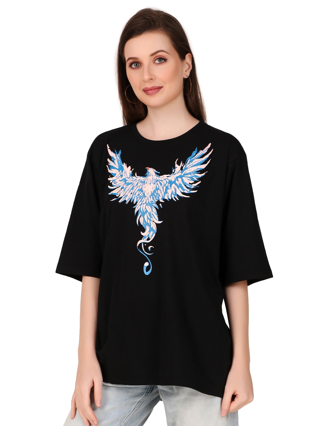 

TRENDY RABBIT Women Printed Applique T-shirt, Black