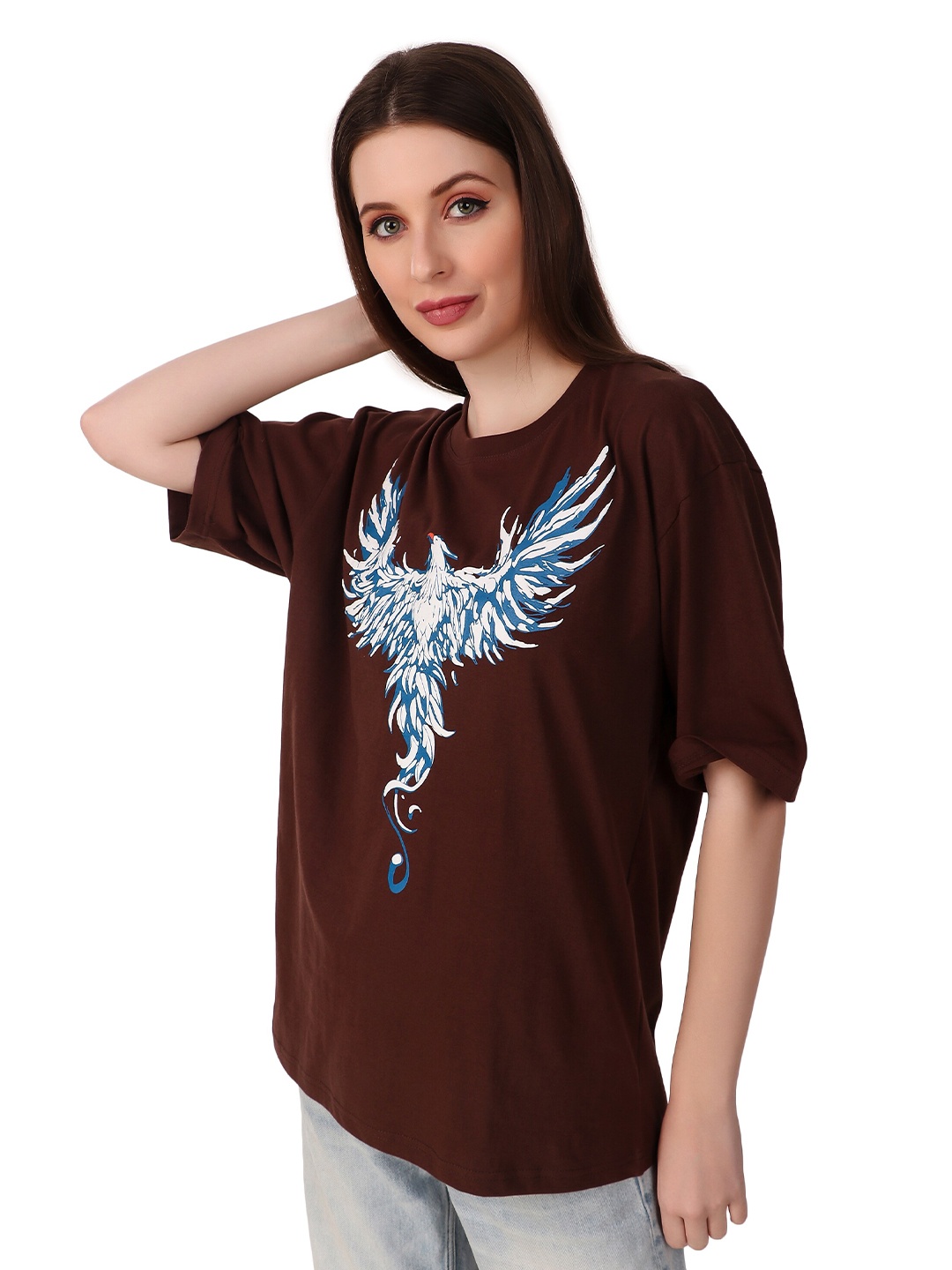 

TRENDY RABBIT Women Printed Extended Sleeves Applique T-shirt, Coffee brown