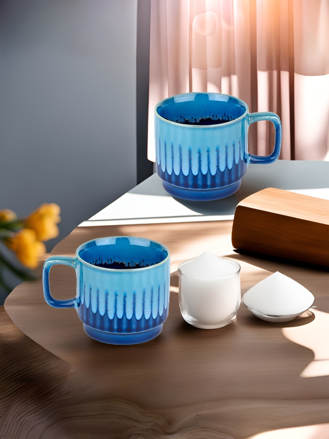 

The Better Home Blue 2Pcs Textured Ceramic Glossy Microwave Safe Cups 200ml Each
