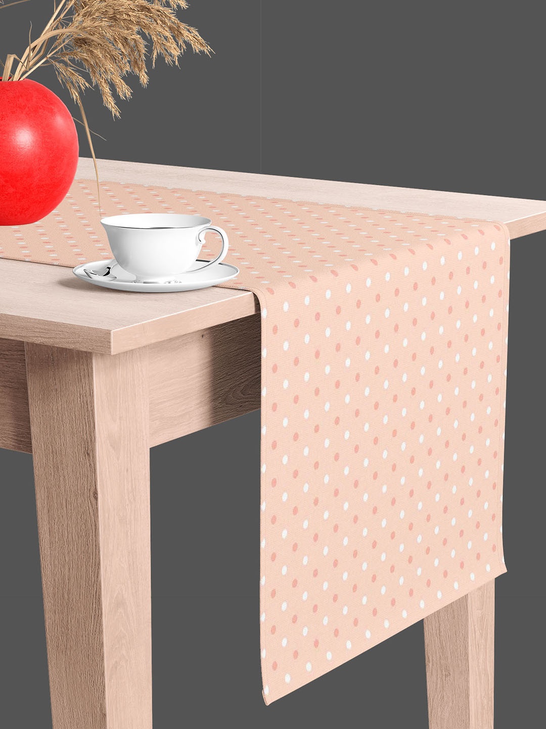 

ArtzFolio Peach & White Polka Dot Printed Velvet Table Runner