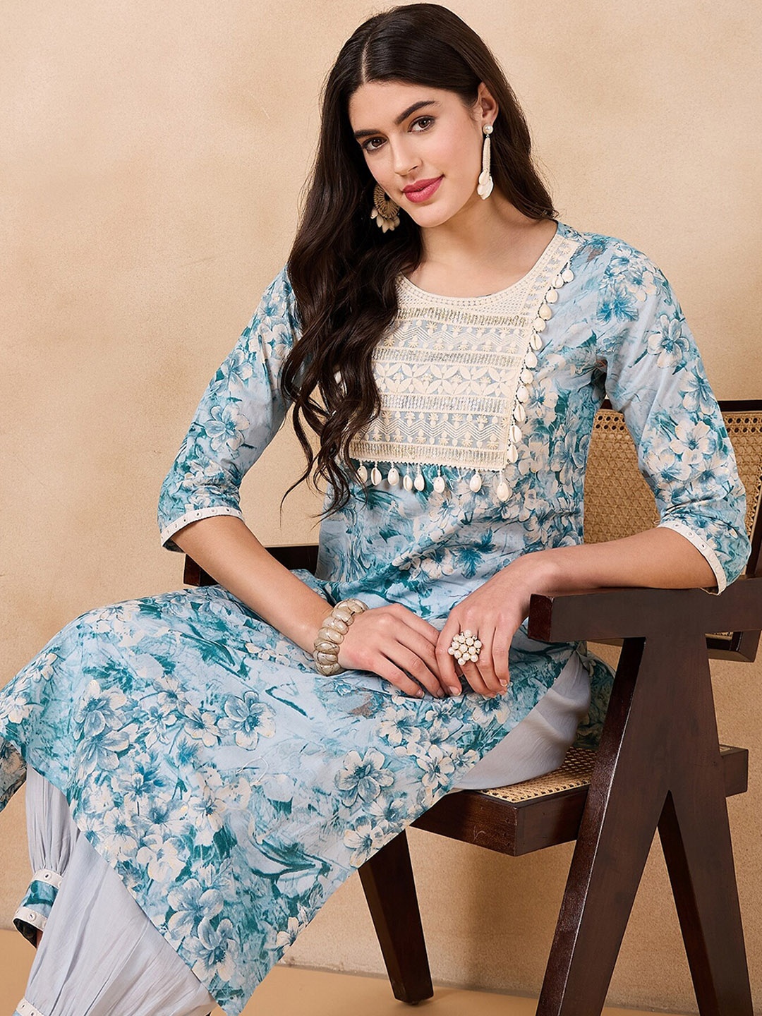 

Anouk Women Floral Printed Regular Sequinned Pure Cotton Kurta with Salwar, Grey