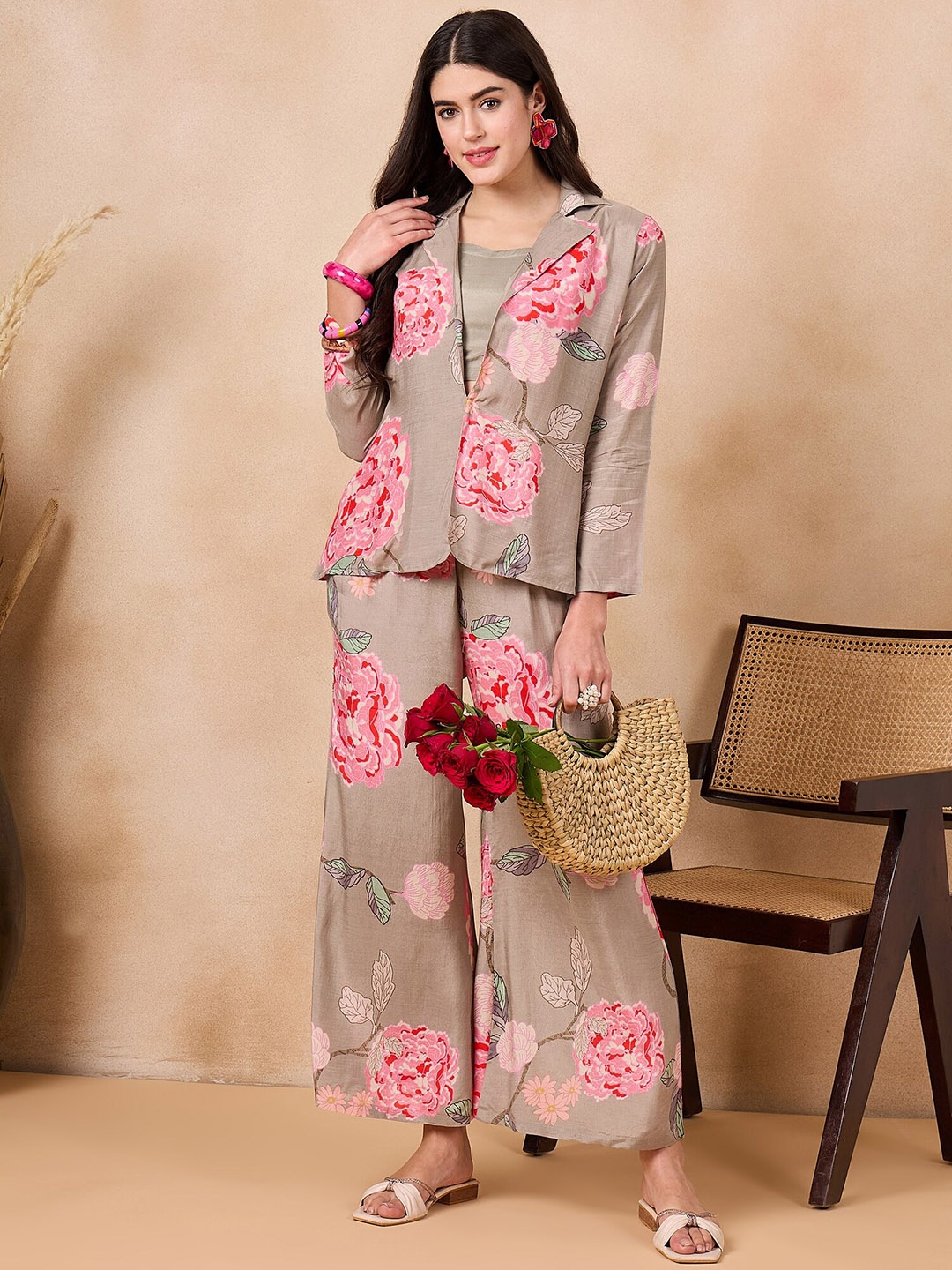 

Anouk Brown Floral Printed Crop Top Palazzo With Jacket