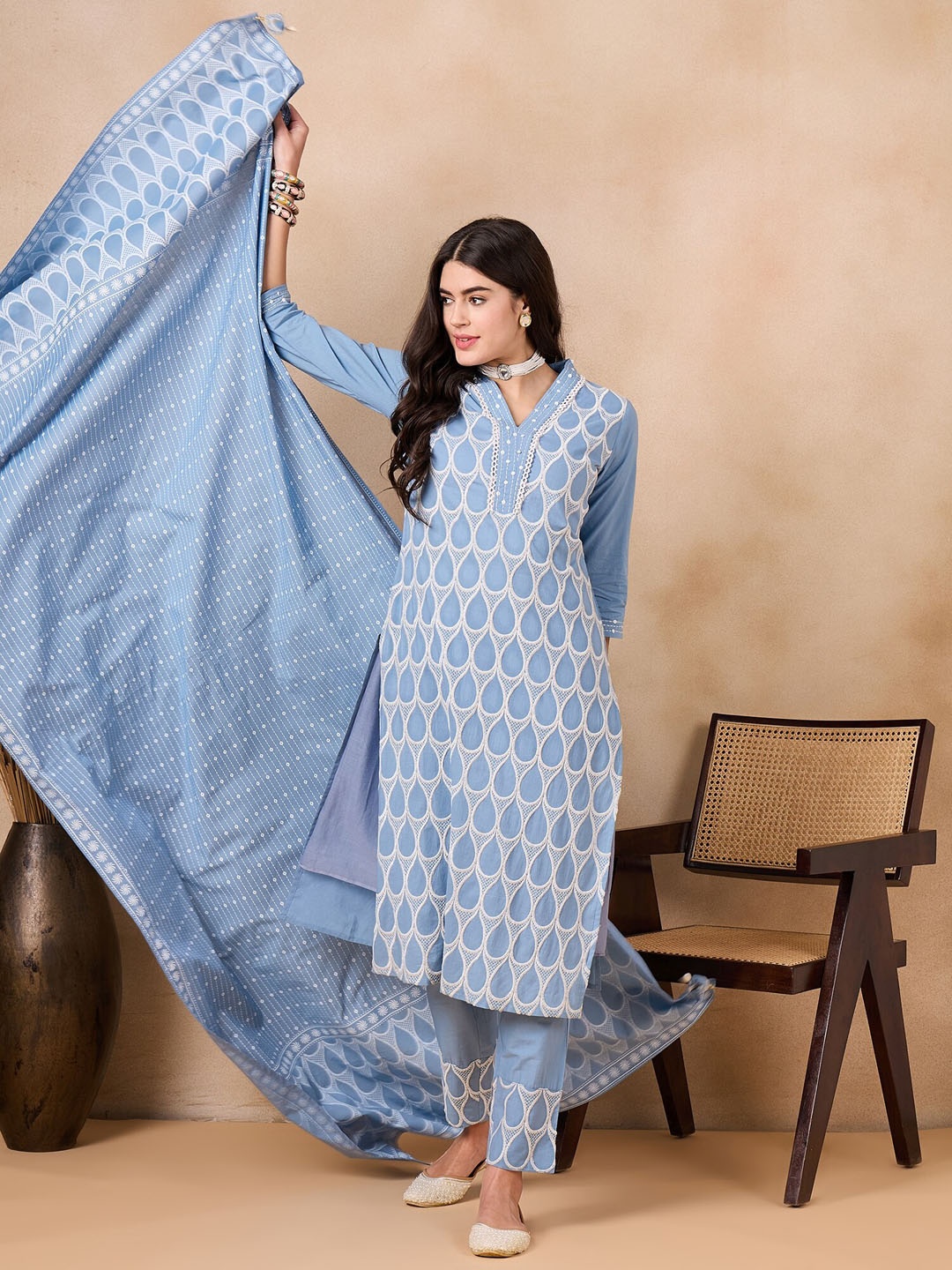 

Anouk Women Embroidered Regular Thread Work Pure Cotton Kurta with Trousers & With Dupatta, Blue