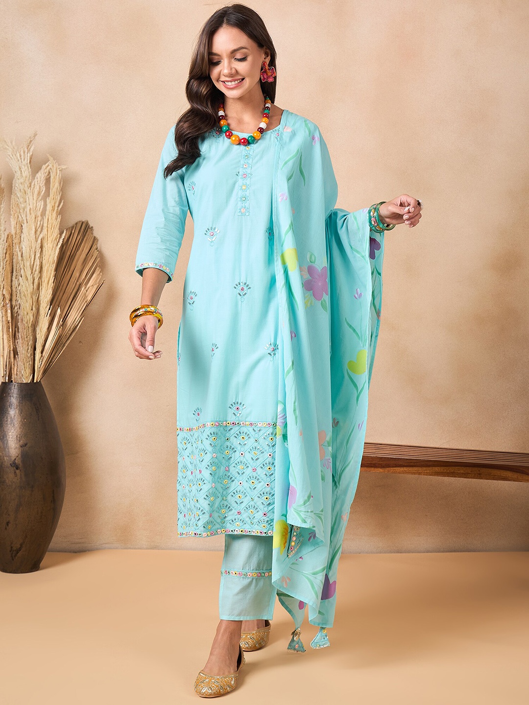 

Anouk Women Floral Embroidered Regular Beads and Stones Pure Cotton Kurta with Trousers & With Dupatta, Turquoise blue