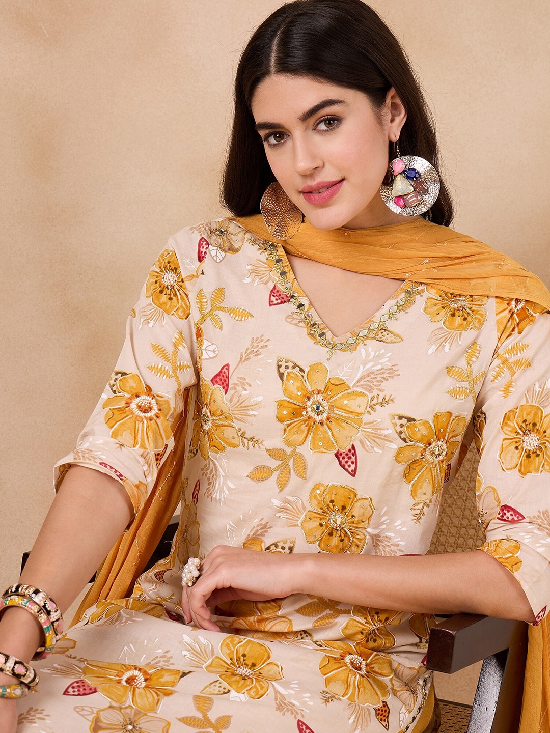 

Anouk Women Floral Printed Regular Sequinned Pure Cotton Kurta with Trousers & With Dupatta, Yellow