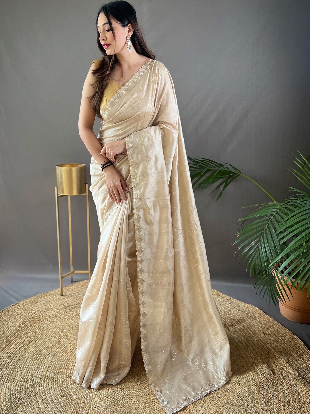 Mitera Embellished Sequinned Saree With Blouse Piece, Beige