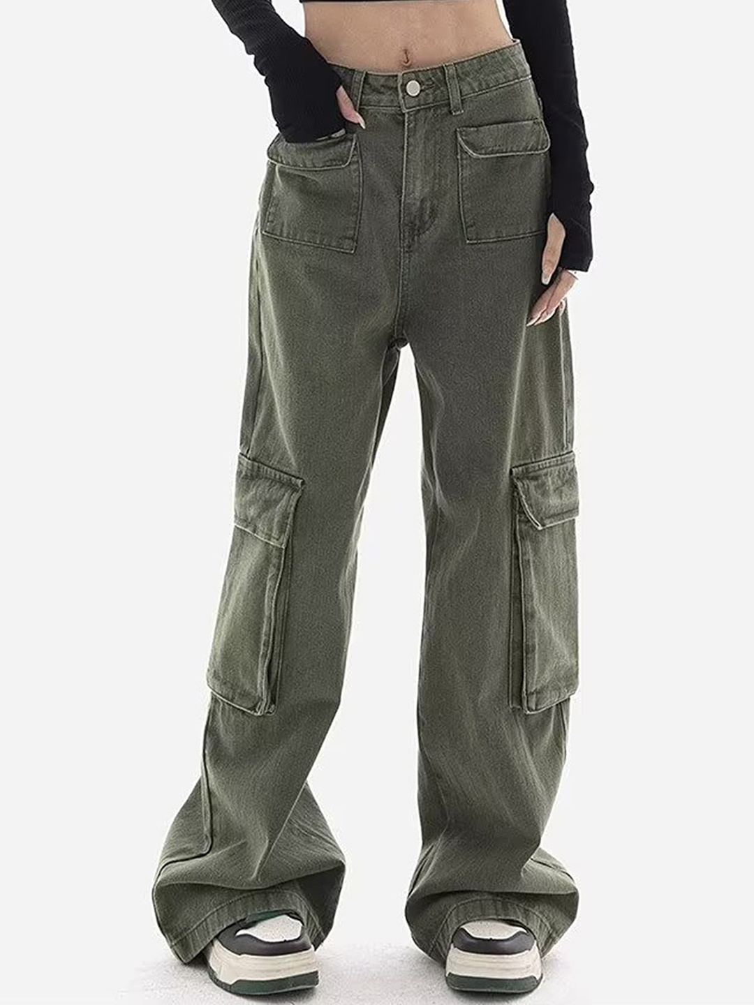 

LULU & SKY Women Wide Leg Low-Rise Clean Look Stretchable Cargos Jeans, Green