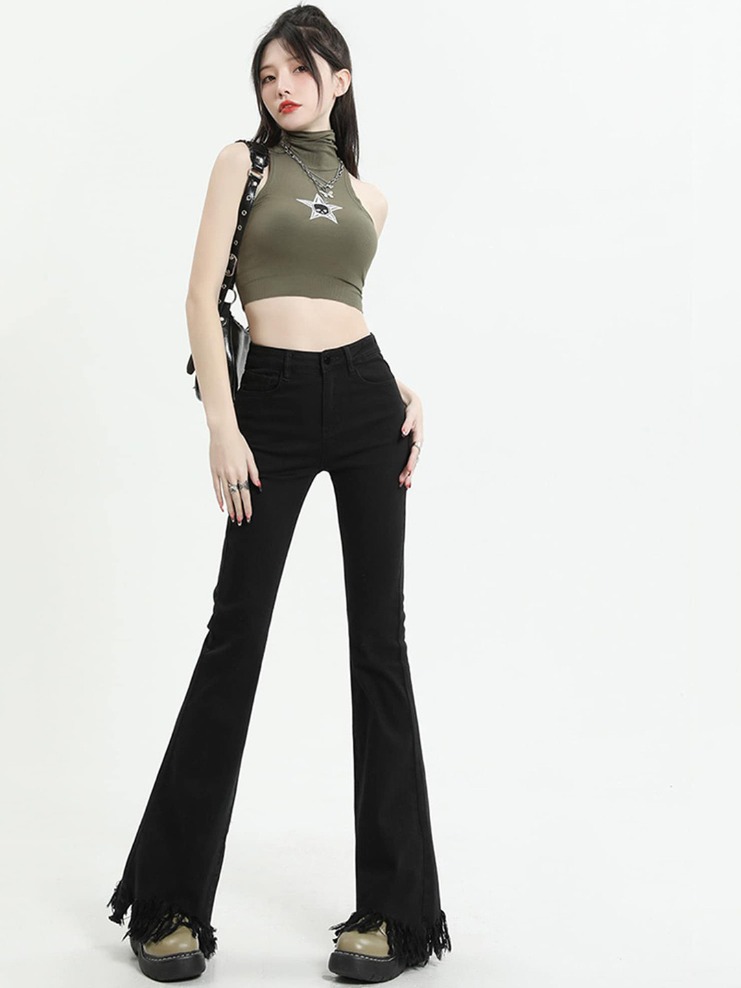 

LULU & SKY Women Flared High-Rise Clean Look Frayed Stretchable Jeans, Black