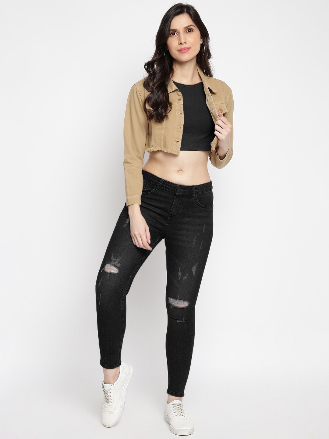

TALES & STORIES Spread Collar Lightweight Cotton Crop Denim Jacket, Khaki