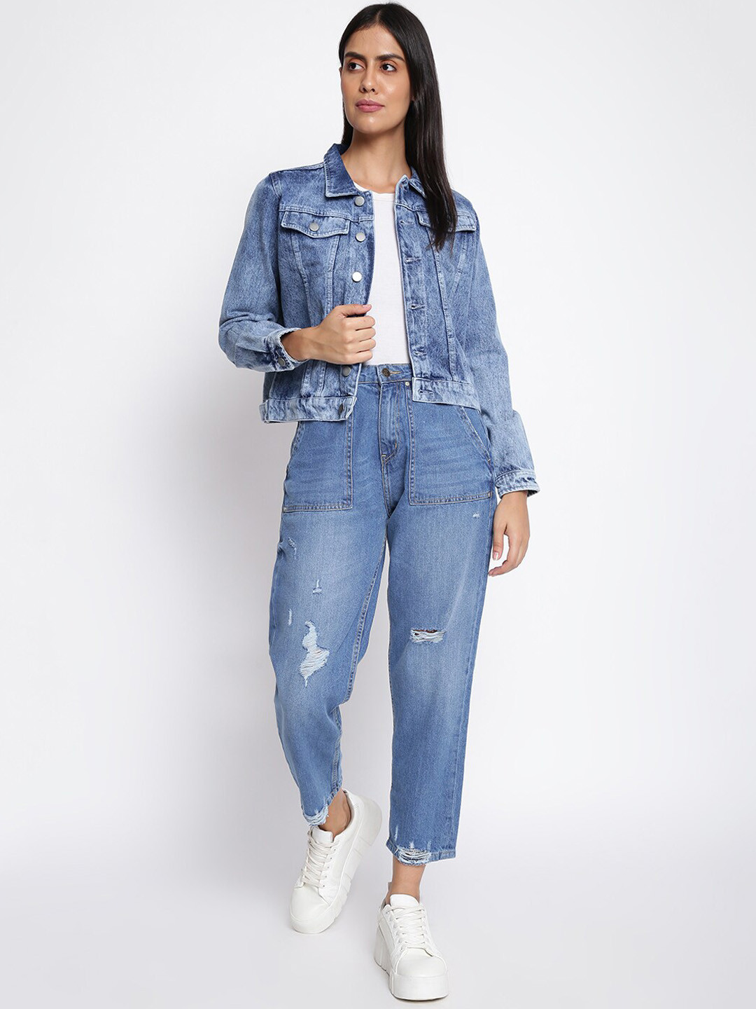

TALES & STORIES Washed Lightweight Crop Cotton Denim Jacket, Blue
