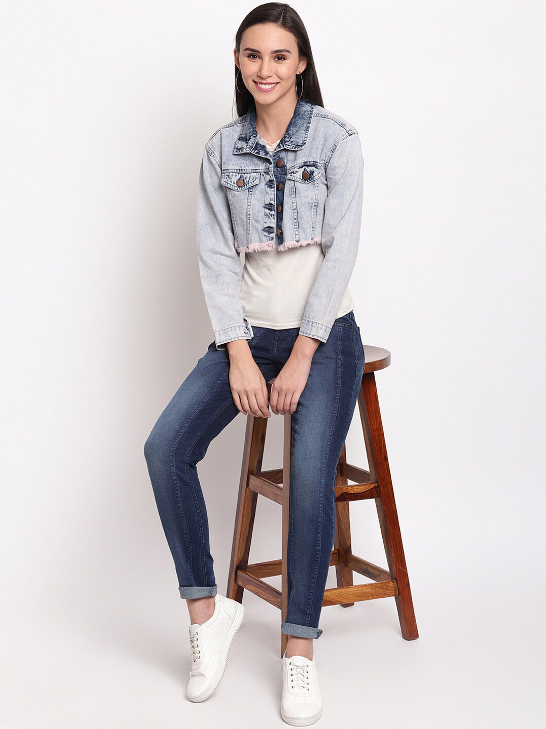 

TALES & STORIES Washed Lightweight Crop Denim Jacket, Blue