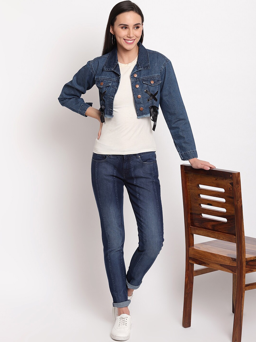 

TALES & STORIES Washed Lightweight Crop Cotton Denim Jacket, Blue