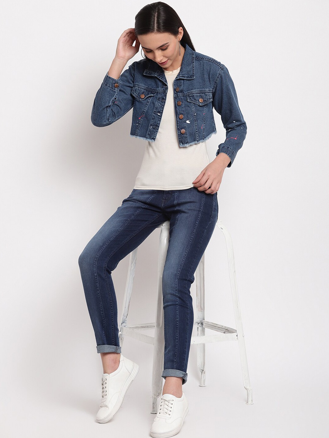 

TALES & STORIES Washed Lightweight Cotton Crop Denim Jacket, Blue