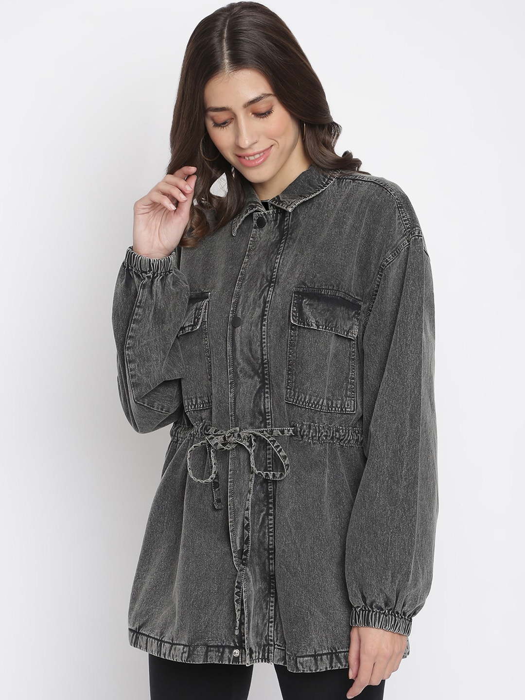 

TALES & STORIES Washed Spread Collar Lightweight Longline Denim Jacket, Grey