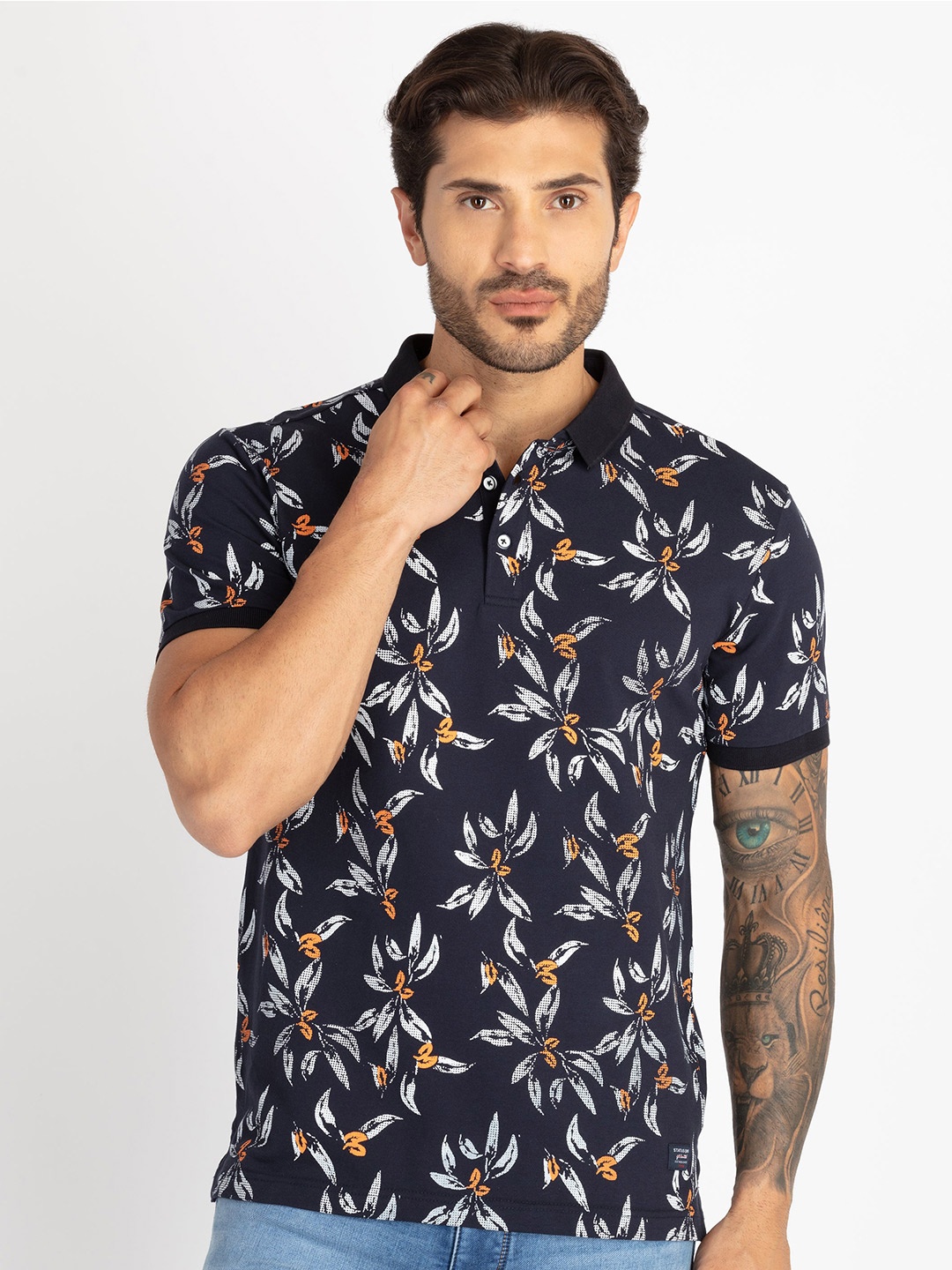 

Status Quo Tropical Printed Polo Collar T-shirt, Navy blue