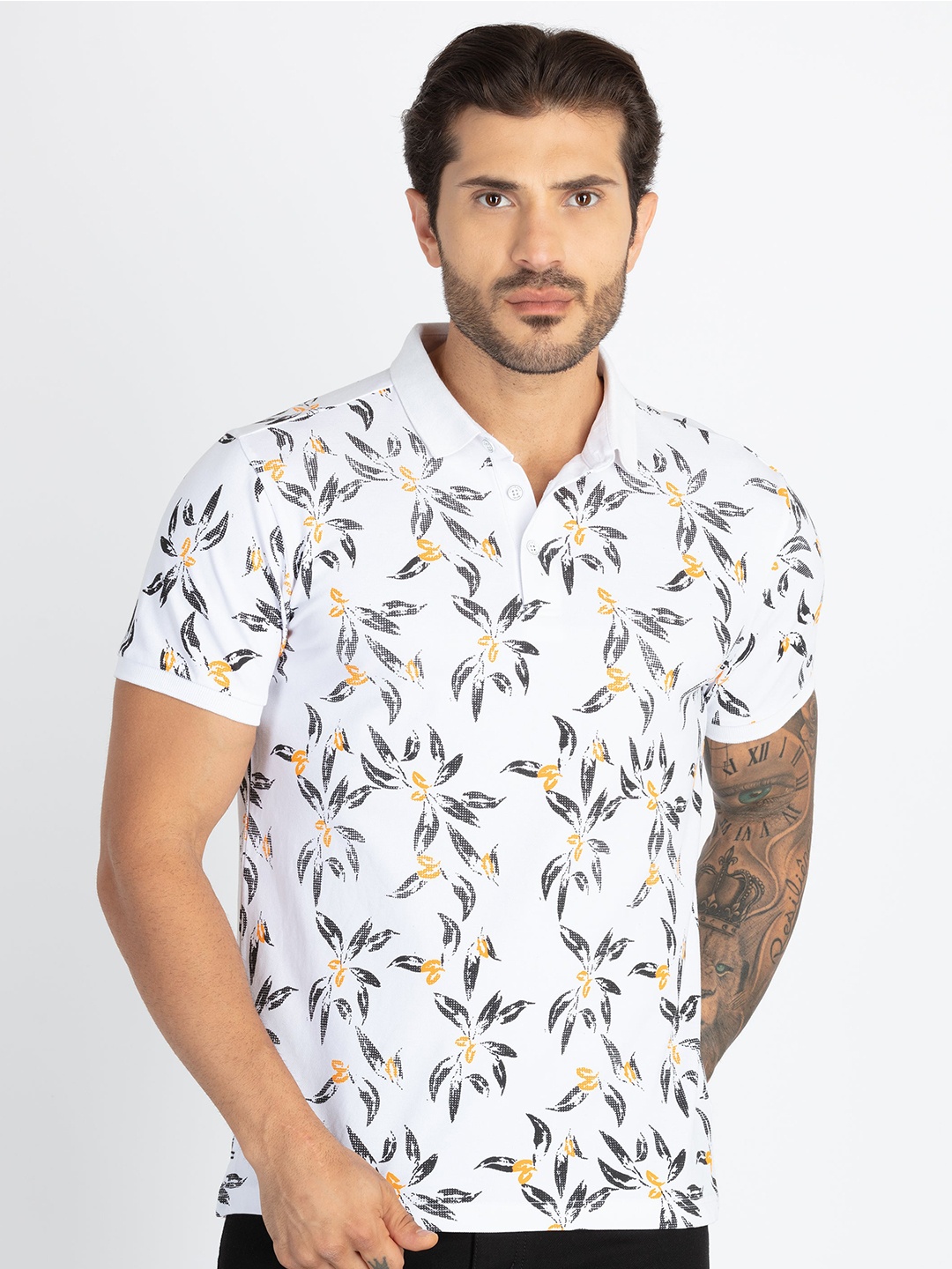 

Status Quo Men Floral Printed Polo Collar T-shirt, White