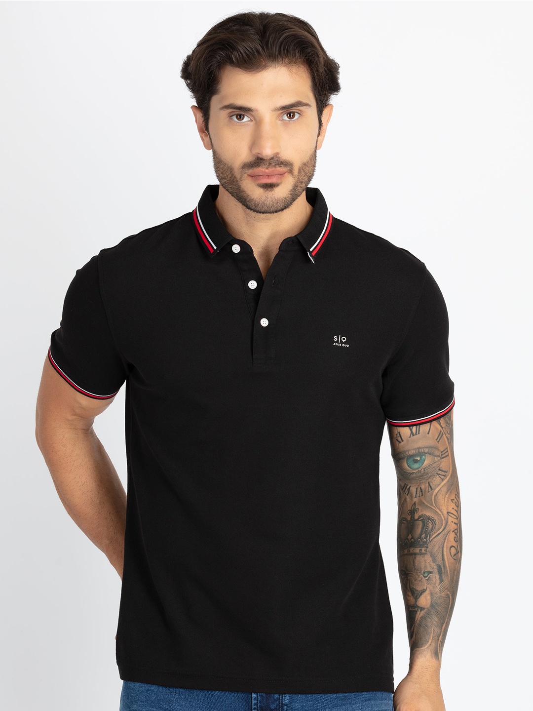 

Status Quo Men Solid Polo Collar T-shirt, Black