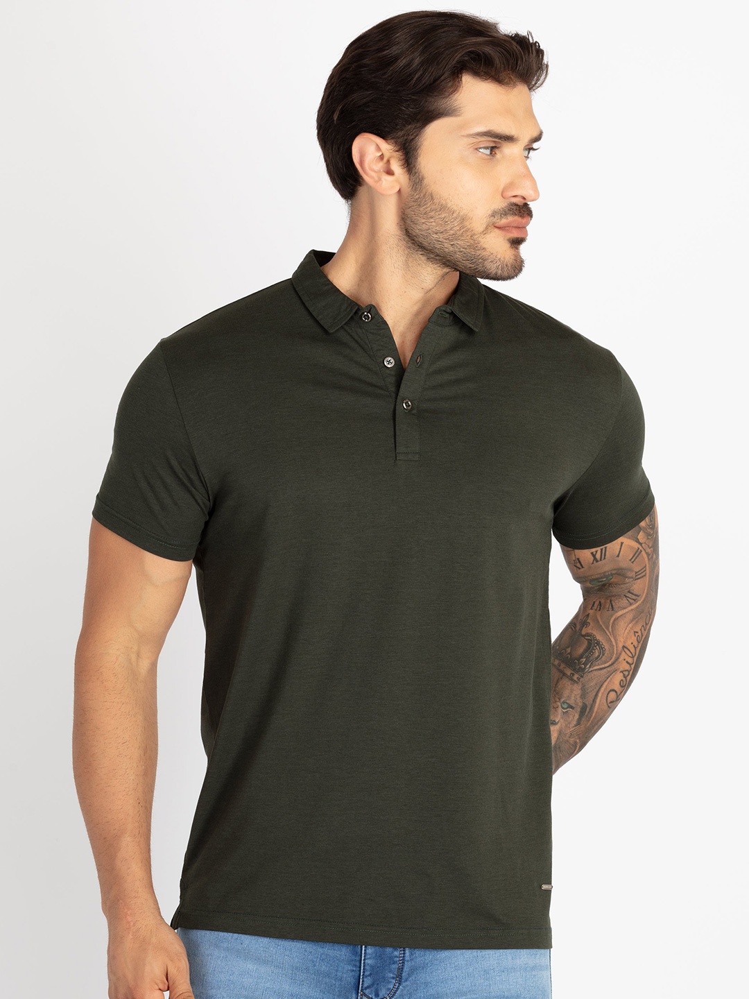 

Status Quo Men Solid Polo Collar T-shirt, Olive