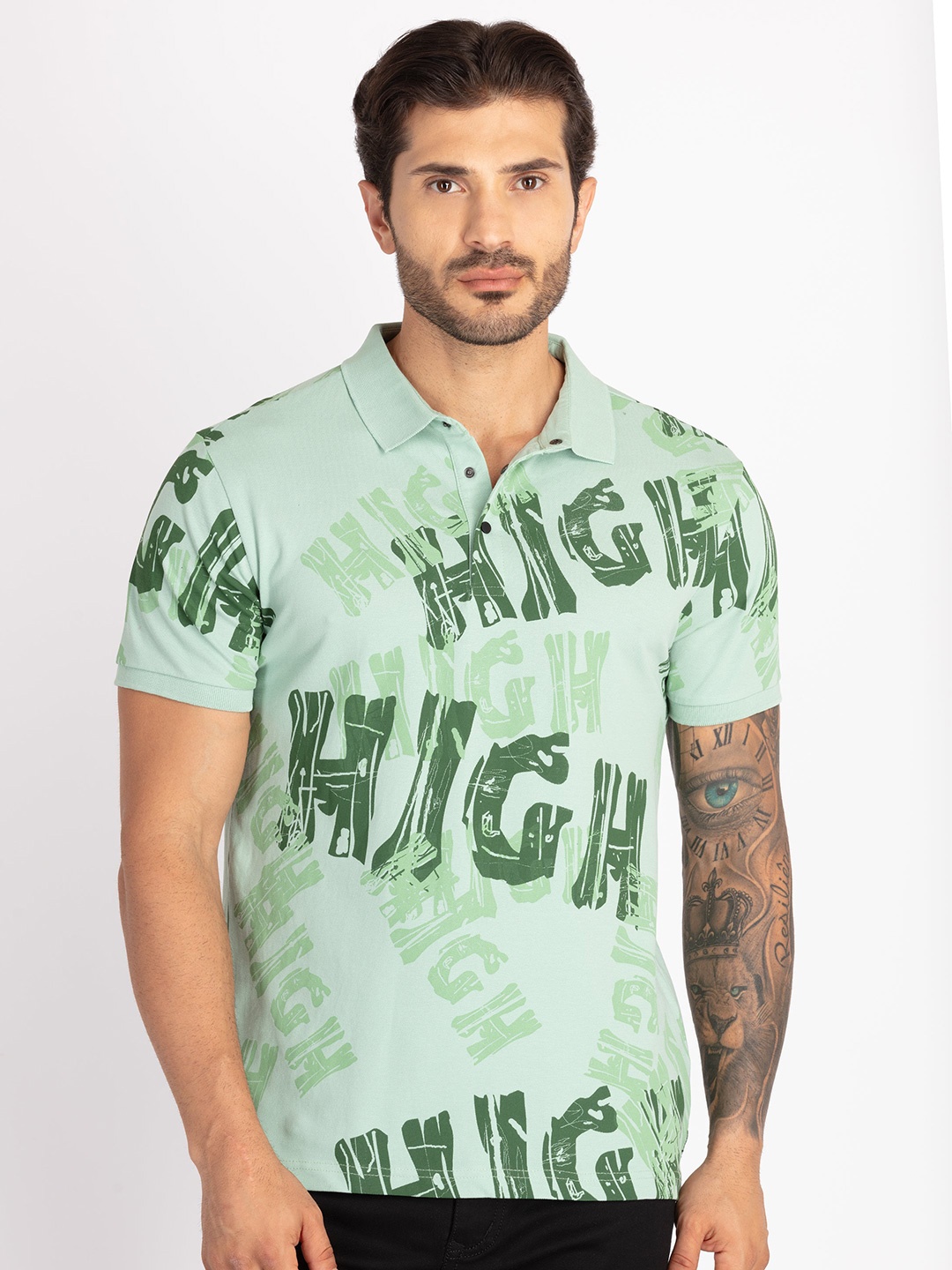 

Status Quo Men Printed Polo Collar T-shirt, Green
