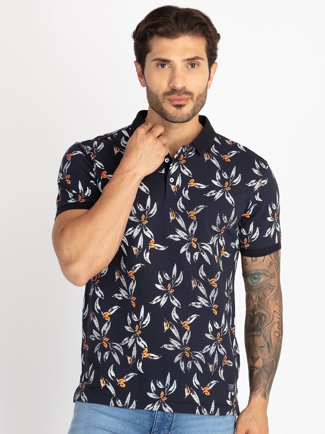 

Status Quo Tropical Printed Polo Collar T-shirt, Navy blue