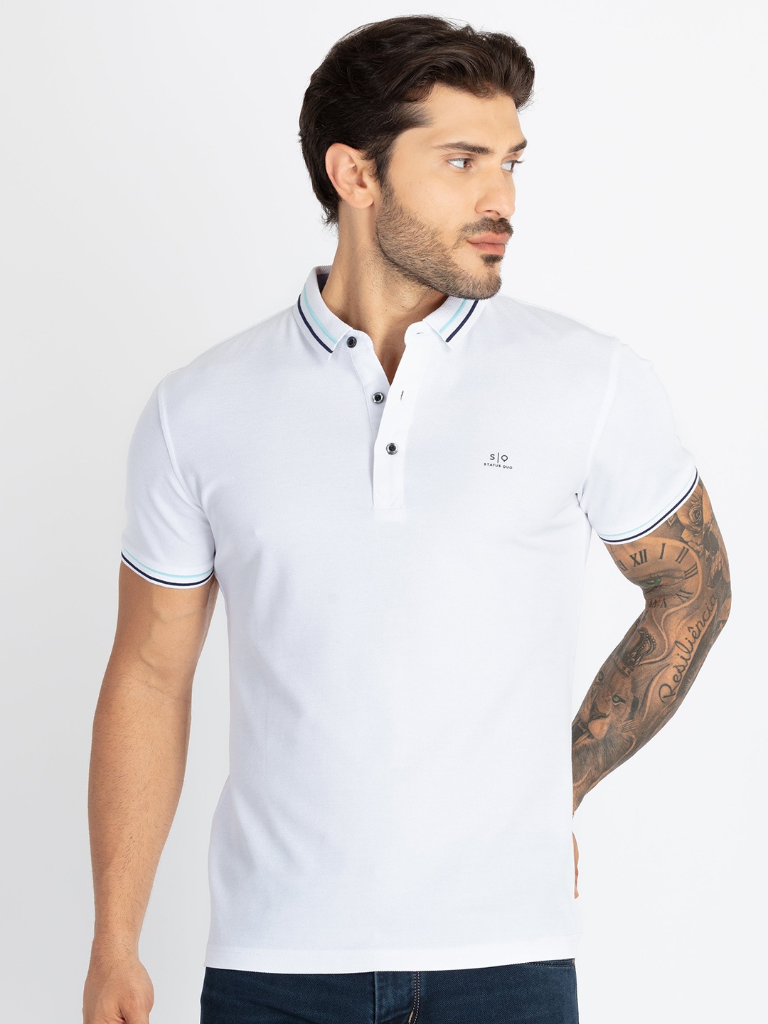 

Status Quo Men Polo Collar Pockets T-shirt, White